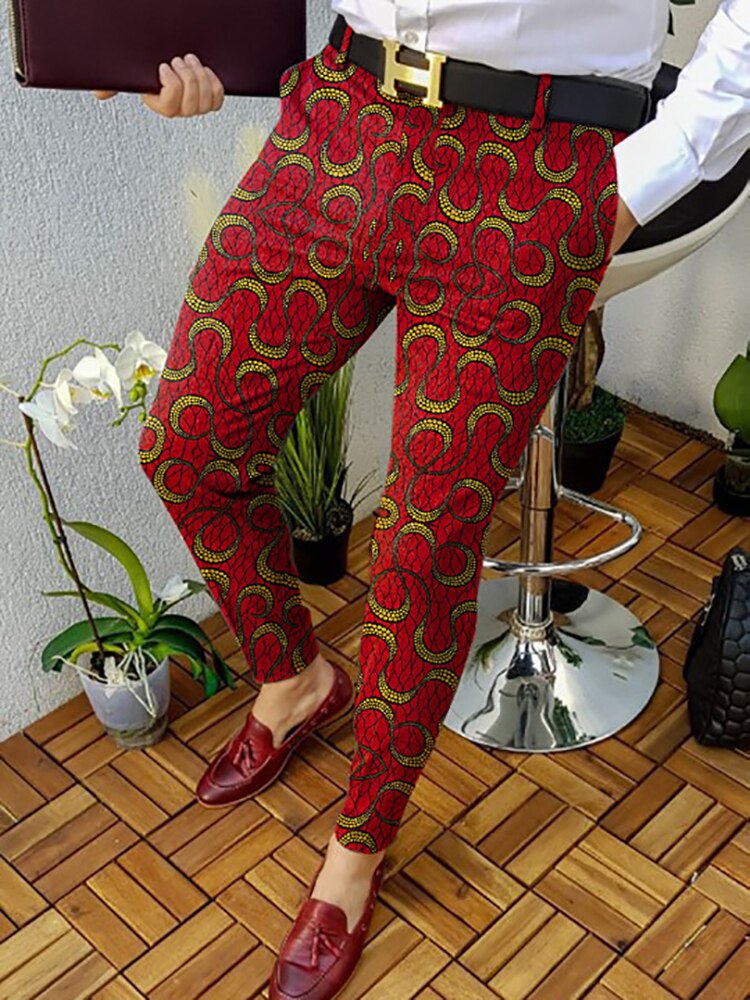 Spring Retro Pattern Print Straight Long Pants Men Casual Business Mid Waist Zipper Suit Trousers Mens Autumn Fashion Streetwear