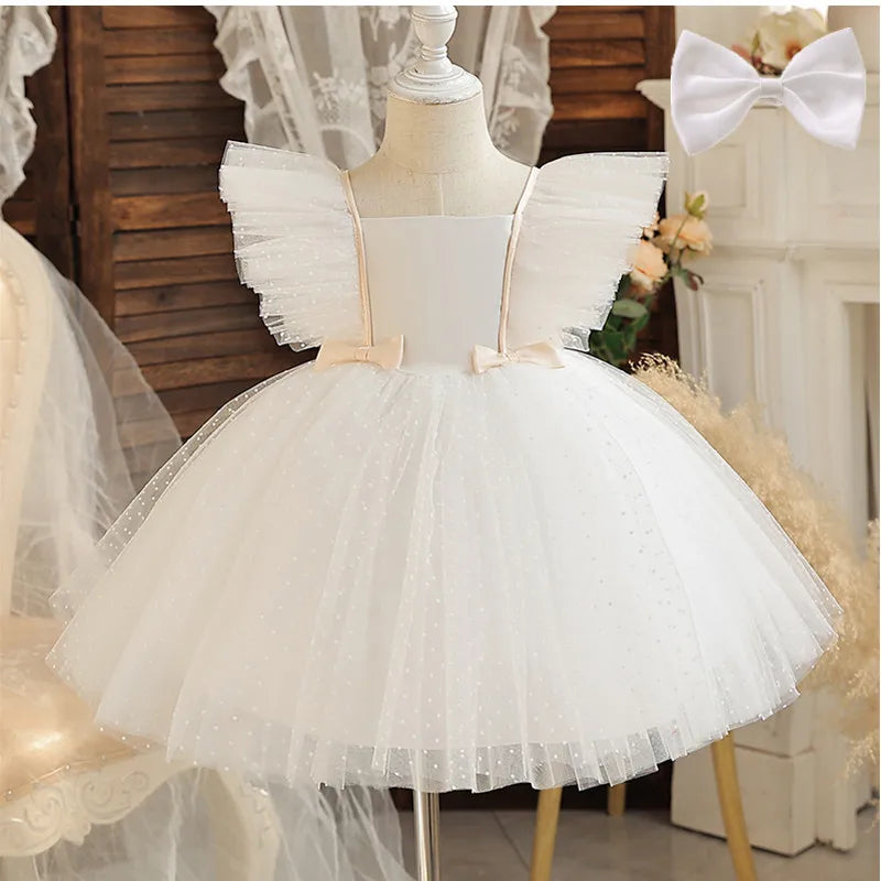 2023 Pink Elegant New Girl Princess Dresses For Kids Events Prom Costume Birthday Wedding Party Tulle Tutu Bow Girl Vestido 1-5T