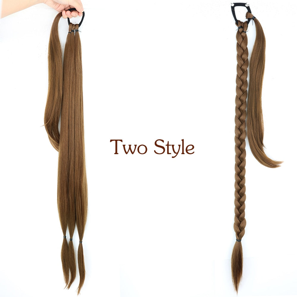 34inches Synthetic Long Braided Ponytail Hair Extensions for Women Black Brown Pony Tail with Hair Rope High Temperature Fiber