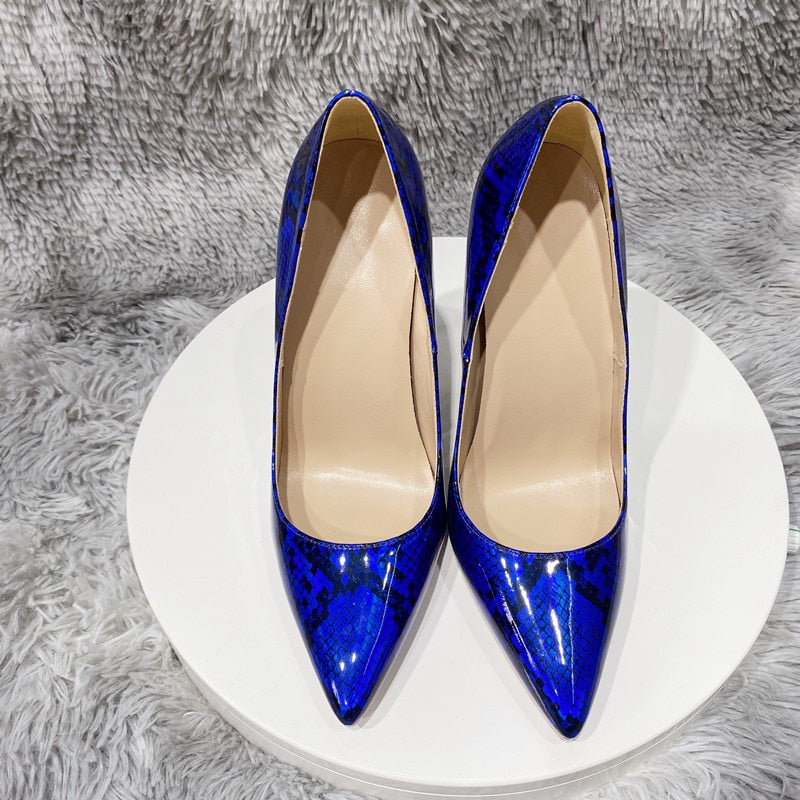 Heelgoo Royal Blue Snakeskin Pattern Women Pointy Toe High Heel Party Dress Shoes Plus Size 33-46 Sexy Ladies Stiletto Pumps
