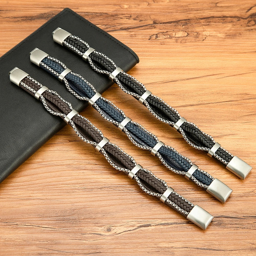 TYO New Arrivel Punk Design Chain Stainless Steel Braid Leather Bracelet for Men Magnetic Buckle Charm Jewelry Gifts Customized