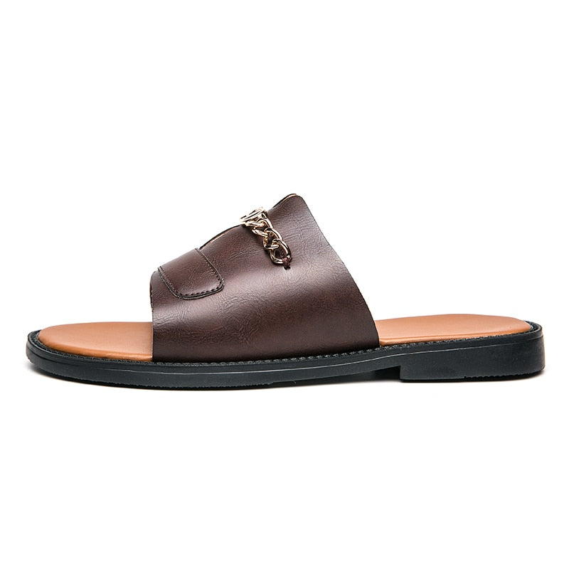 New Sandals Men Shoes PU Solid Color Fashion Casual Beach Pool Daily One Word Open Toe Metal Chain Comfortable Slippers CP169