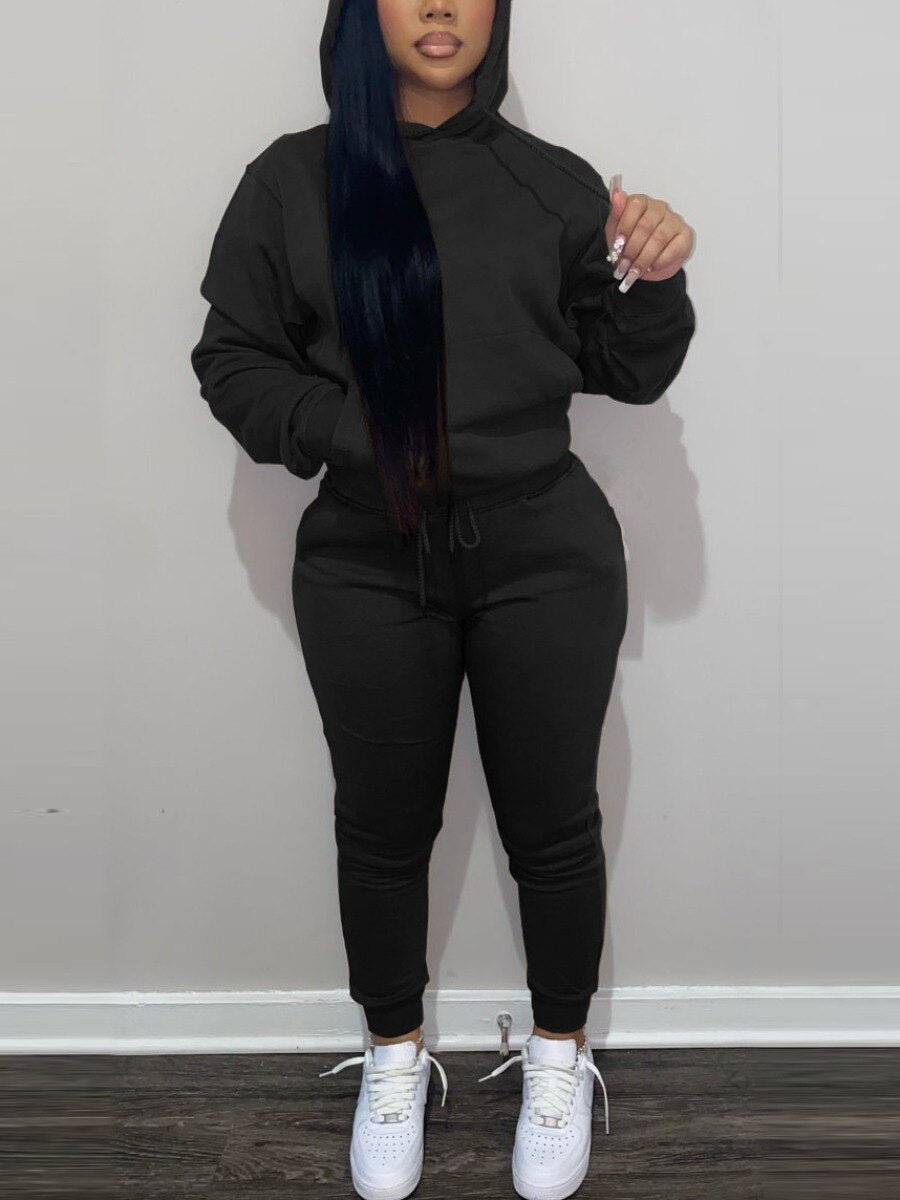 LW BASICS Hooded Collar Drawstring Tracksuit Set Two piece sets womens outifits Long Sleeve Lace-up Hooded Collar women sportswe