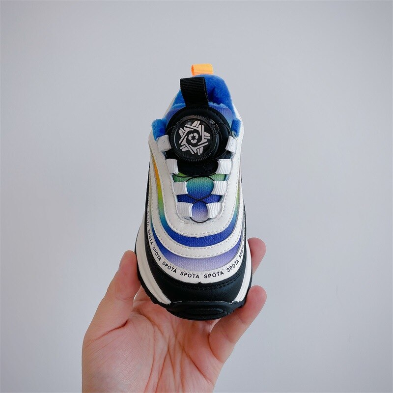 2022 Winter New Children's Shoes Boys' Knob Sports Cotton Shoes Korean Thickened Thermal Girl's Colorful Strips Sneakers