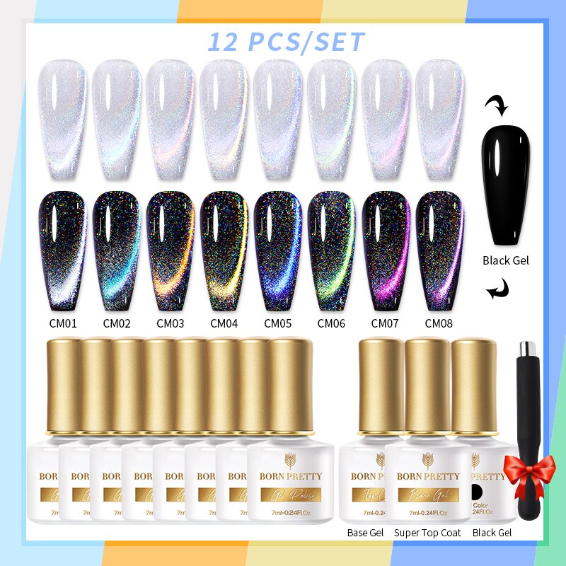 BORN PRETTY 10/12Pcs Gel Nail Polish Set 7ml Jelly Nude Gel &amp; Rainbow Cat Magnetic Gel Polish for Nail Art Design Base Top Coat