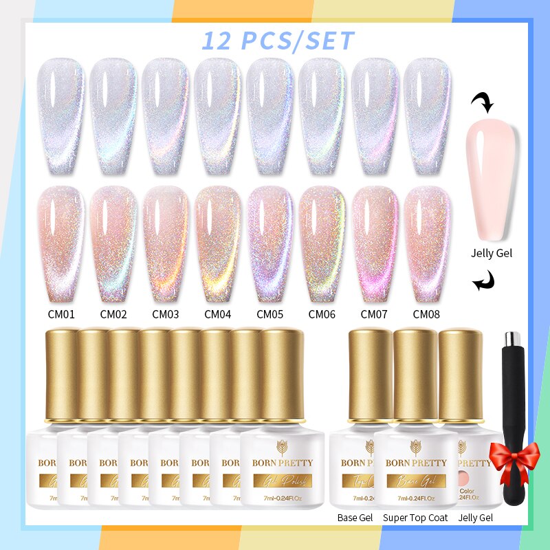 BORN PRETTY 10/12Pcs Gel Nail Polish Set 7ml Jelly Nude Gel &amp; Rainbow Cat Magnetic Gel Polish for Nail Art Design Base Top Coat