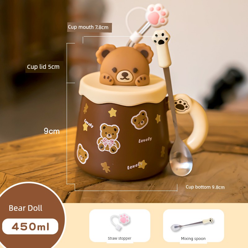 Cute Ceramic Cup Couple with Lid Spoon Straw Mug Home Breakfast Coffee Cup Women Office Water Glass Men