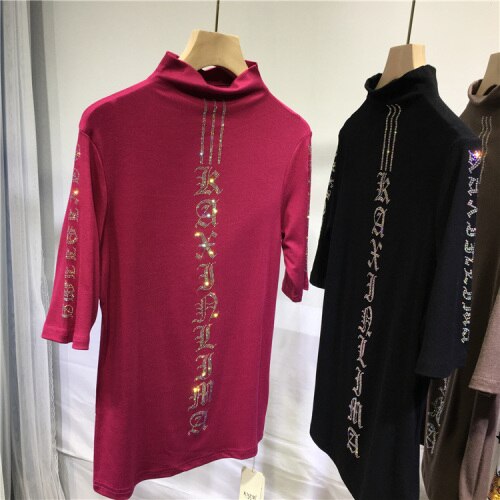 High Quality Hot Drilling Letter High Collar Bottoming Top Half Sleeve Skinny Autumn Black T-shirt All-match Streetwear Pullover
