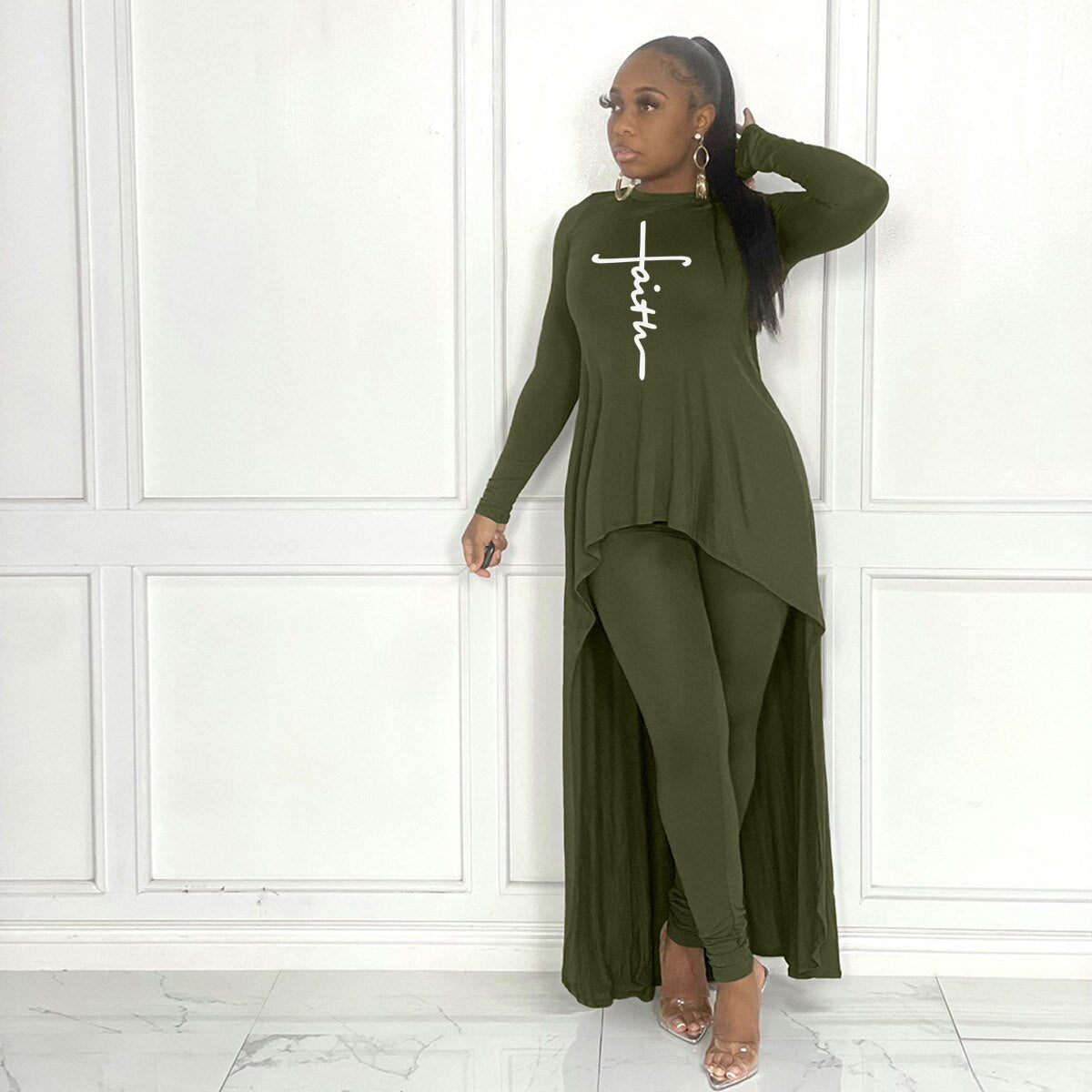 HLJ&amp;GG Fall Winter Casual Irregular Top + Skinny Pants Two Piece Sets Women Outfits Female PINK Letter Print Matching Tracksuits