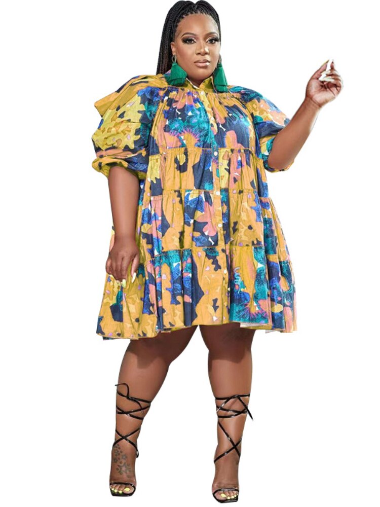 CM.YAYA Elegant Women Graffiti Cape Stye Big Swing Loose Smock Dress Plus Size Curve Chic Single Breasted Shirt Blouse Dresses