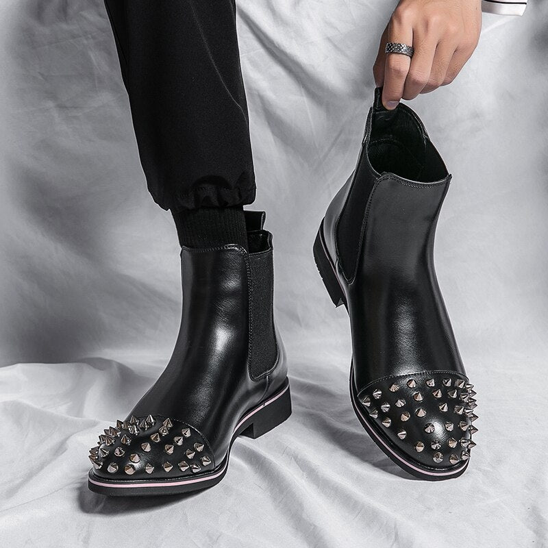 New Black Rivet Chelsea Boots for Men Round Toe Slip-On Punk Handmade Men Ankle Boots Free Shipping Bottes Pour Hommes