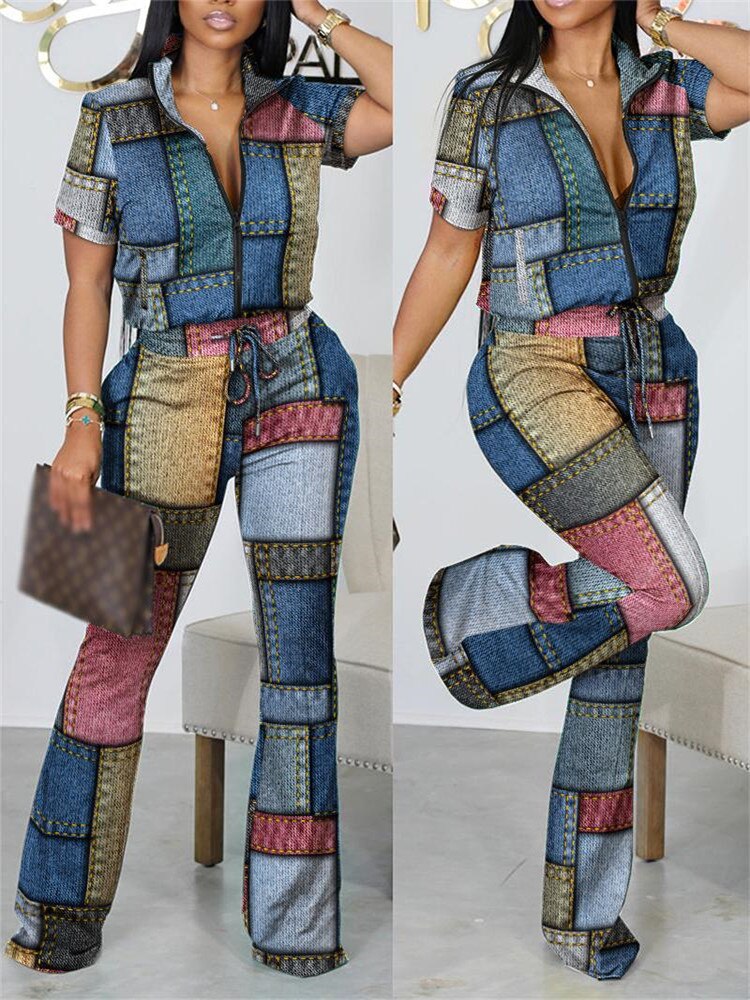 2023 Two Piece Sets Womens Geometric Print Zip Up Top &amp; Drawstring Pants Set Outifits Fashion Tracksuits Casual T Female Outfit