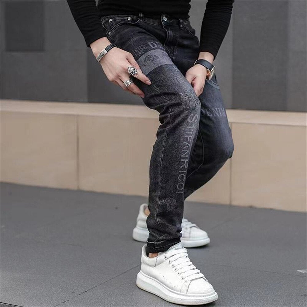 Mens stretch denim print pants jeans Korea slimming trendy casual jeans all-match light luxury men jeans pants for men