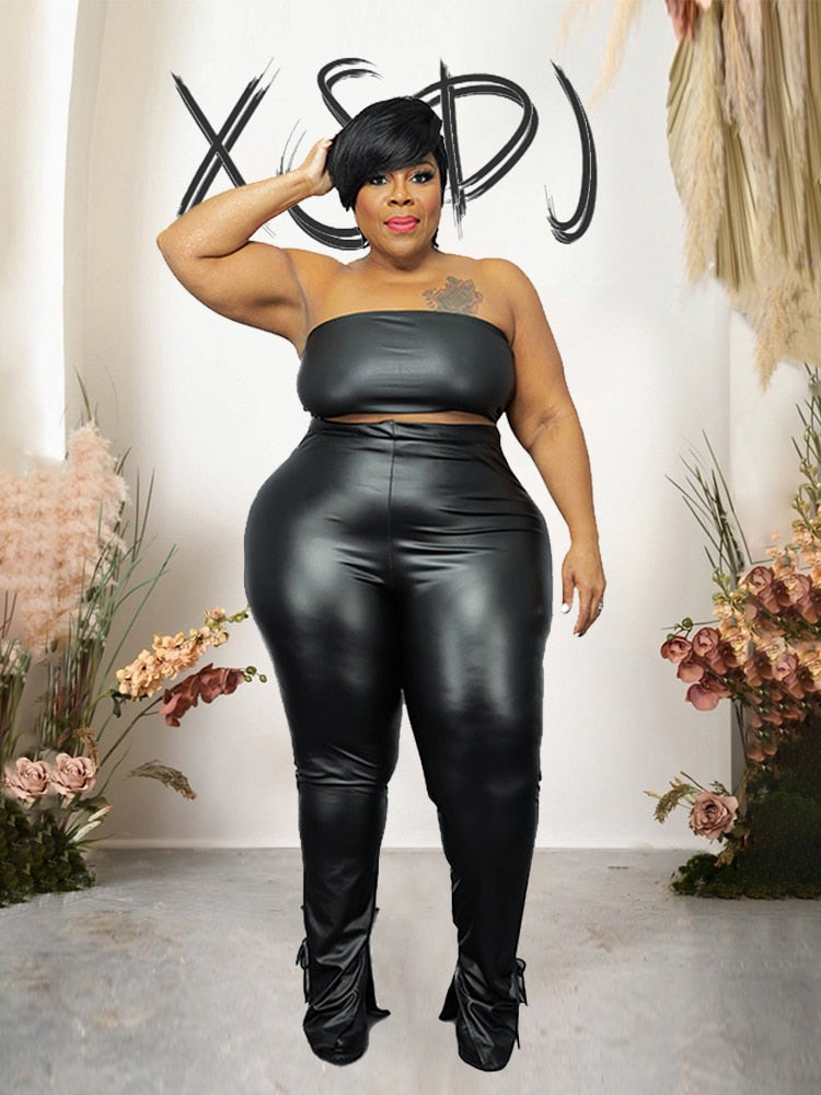 Plus Size Clothes Ladies Leather Pants and Strapless Top Summer Streetwear Sets Womens 2 Piece Fashion Suits PU Sexy Outfit