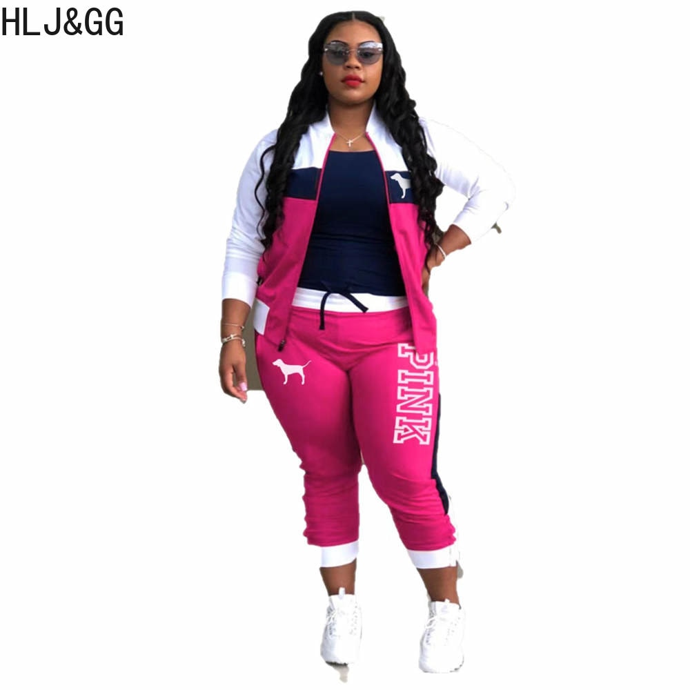 HLJ&amp;GG Casual Sporty Two Piece Sets Women Zipper Long Sleeve Top + Jogger Pants Tracksuits Spring PINK Letter Print 2pcs Outfits