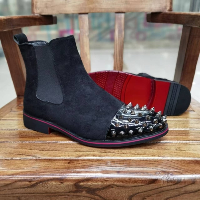 New Black Men Chelsea Boots Flock Rivet Square Toe Red Sole Punk Handmade Men Short Boots Free Shipping Bottes Pour Hommes