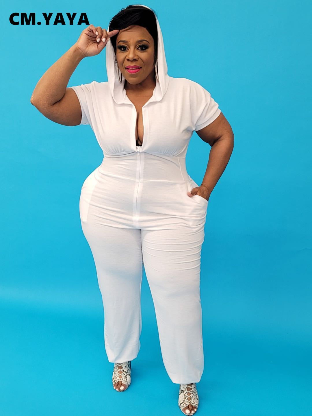 CM.YAYA Women Plus Size Jumpsuit Solid Hooded Zipper Strechy Jumpsuits with Pockets Casual One Piece Overall Summer Outfit