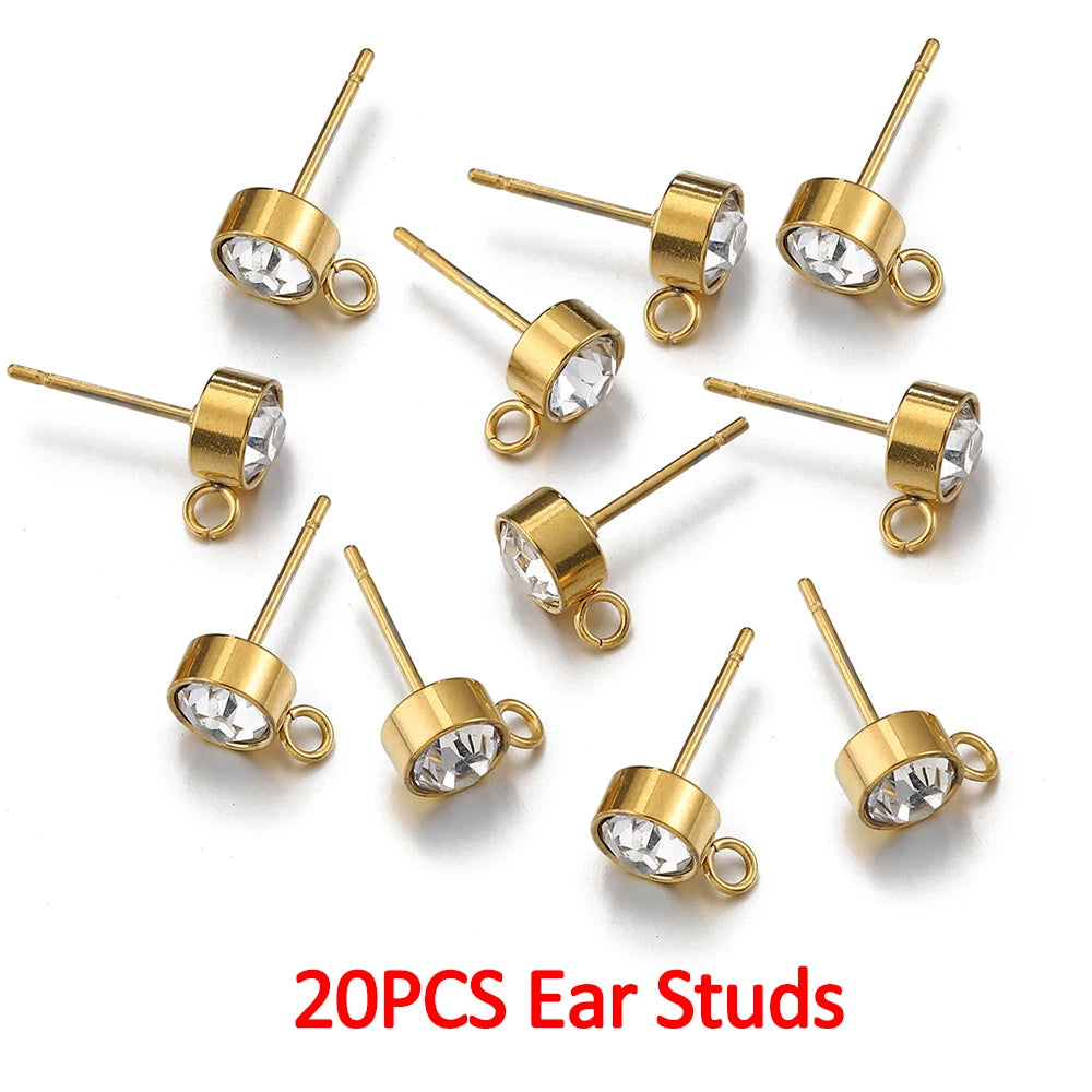 100pcs/20pcs Stainless Steel Rhinestone Earring Posts Gold Color Ear Studs with Loop Rings DIY Earrings Jewelry Making Supplies