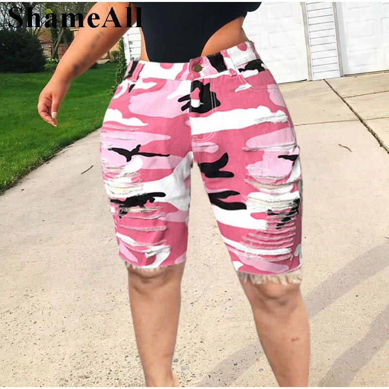 Plus Size Streetwear Ripped Skinny Camouflage Jeans Shorts 5XL Bodycon Workout Running Shorts Women Holographic Biker Bermudas