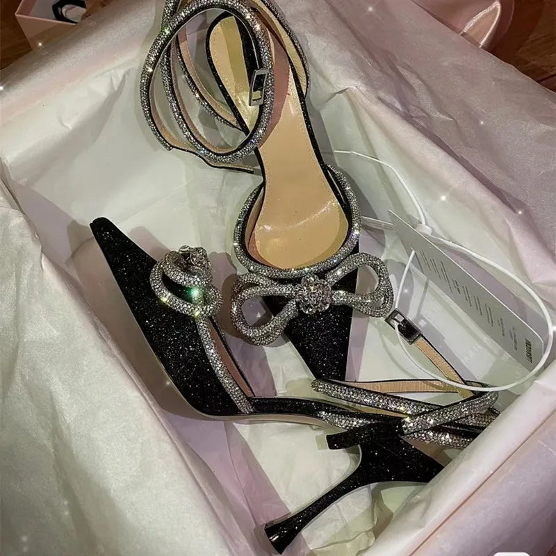 Ins style Glitter Crystal Women Pumps Sexy Ankle strap Rhinestones Bowknot Wedding High heels Fashion Summer Party Prom Shoes
