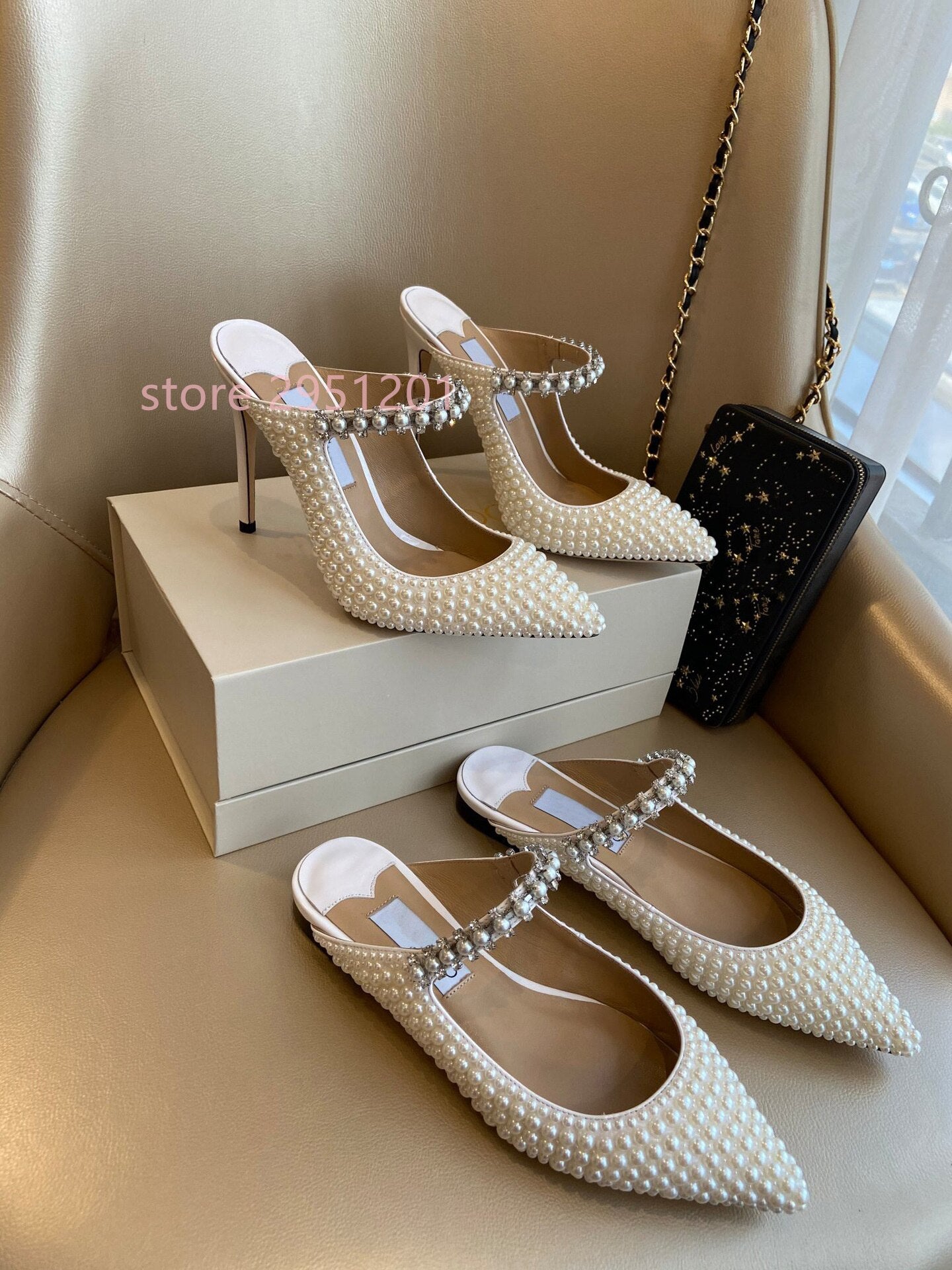 Pearl High Heel Sandals Women Deep Toe Rhinestone Diamond Thin High Heels Shoes Woman White Wedding Bride Heels