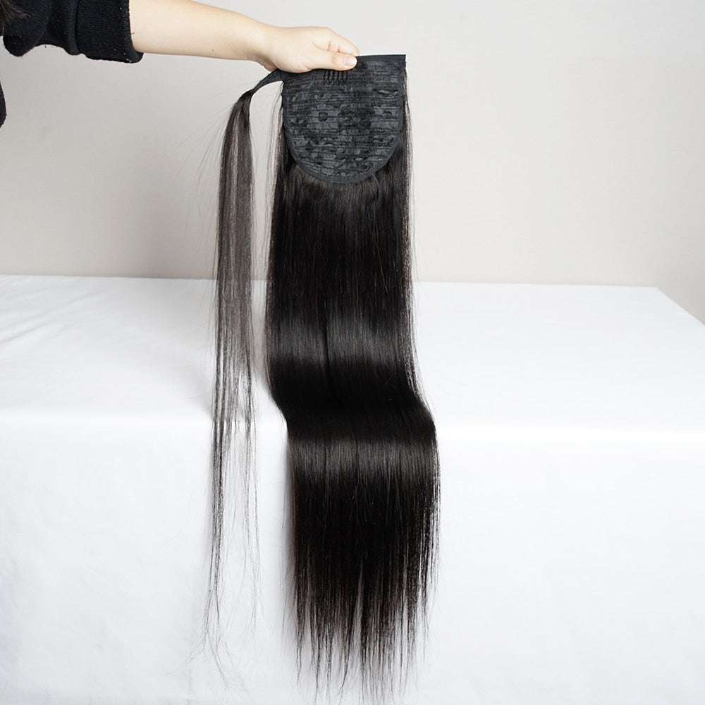 Gemlong 12"-28" Straight Ponytail Machine Made Magic Wrap Around Clip In Ponytail Remy Brazilian Human Hair Extension