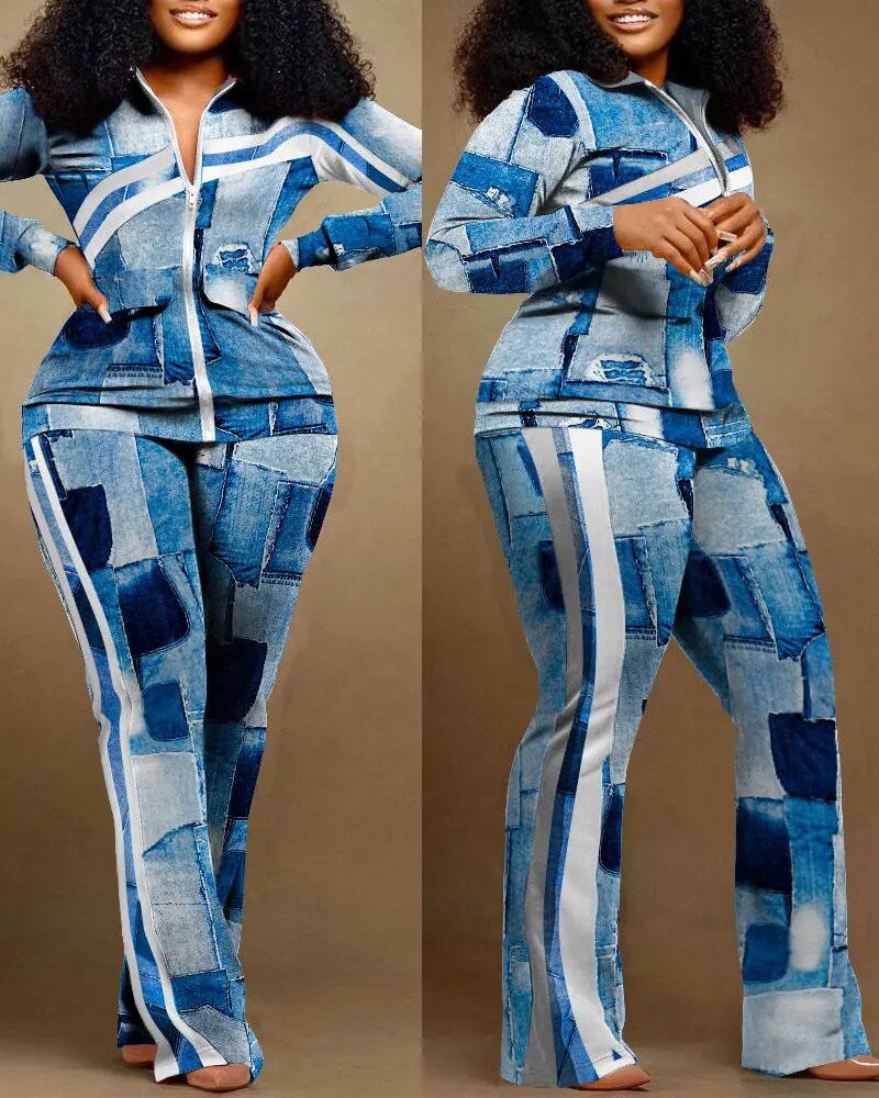Autumn Winter Fashion Print Two Piece Set Women Casual Sports Style Zipper Top Sweatpants Two Piece Set Women