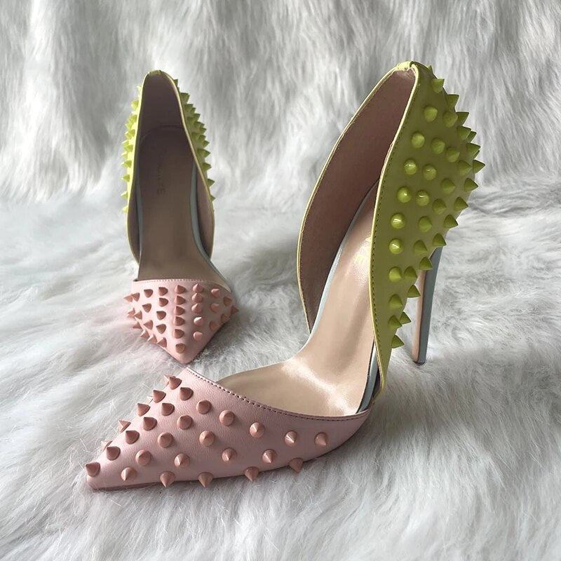 Heelgoo Green Pink Matte Patchwork Women Sexy Side Cut D'Orsay Pointy Toe High Heel Shoes with Spikes Sexy Studs Stiletto Pumps
