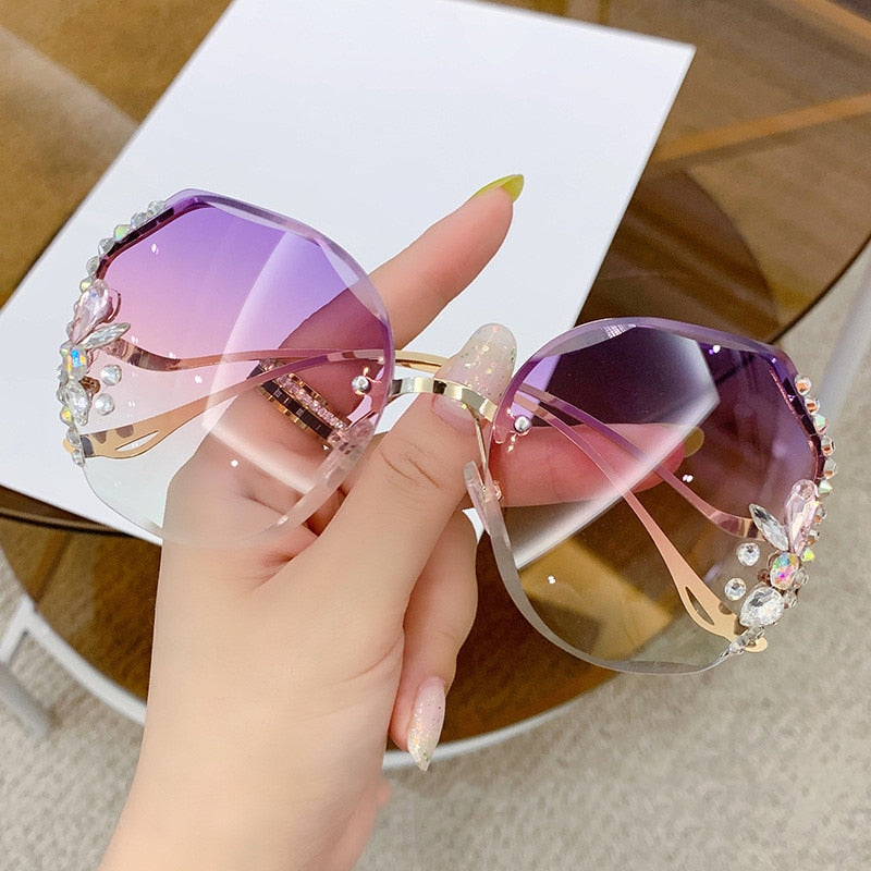 Luxury Fashion Oversized Rimless Sunglasses Women Fashion Brand Designer Big Frame Diamond Square Sun Glasses For Female