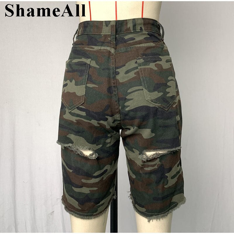 Plus Size Streetwear Ripped Skinny Camouflage Jeans Shorts 5XL Bodycon Workout Running Shorts Women Holographic Biker Bermudas