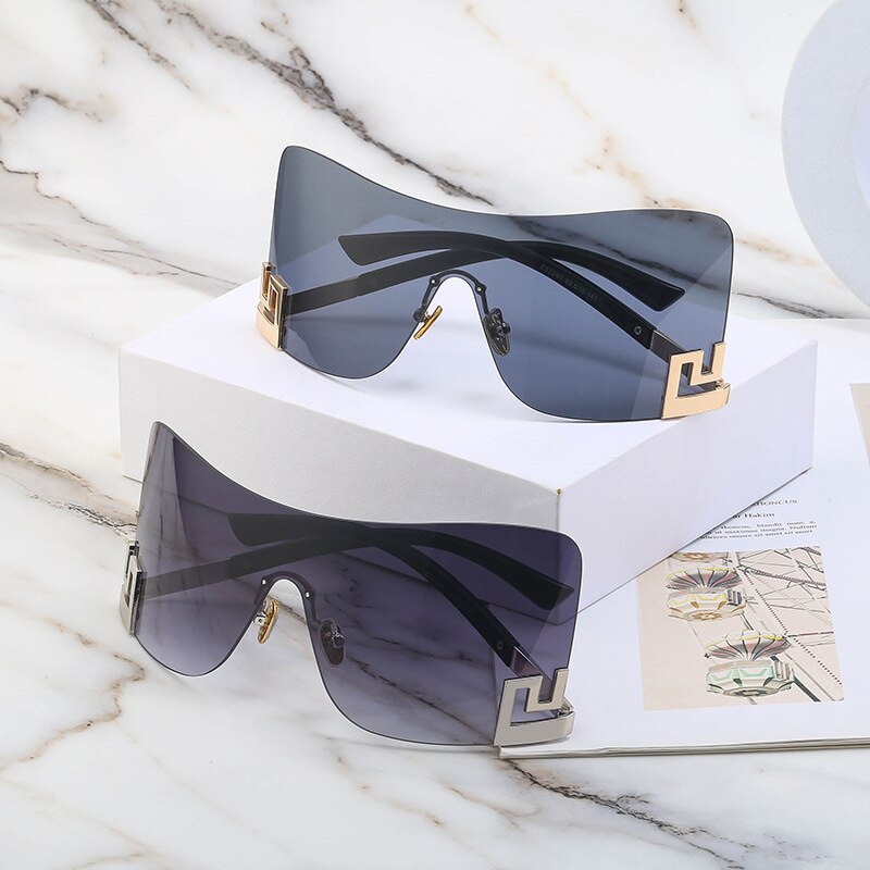 Oversized Rimless One Piece Shield Sunglasses For Women New Fashion Brand Alloy Gradient Arch Sun Glasses Men Hip Hop Eyewear