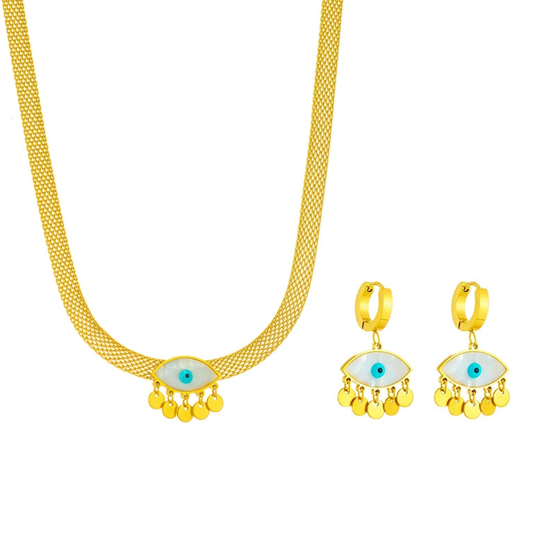 DIEYURO 316L Stainless Steel Blue Eyes Pendant Necklace Earrings For Women High Quality Choker Non-fading Jewelry Set Gifts
