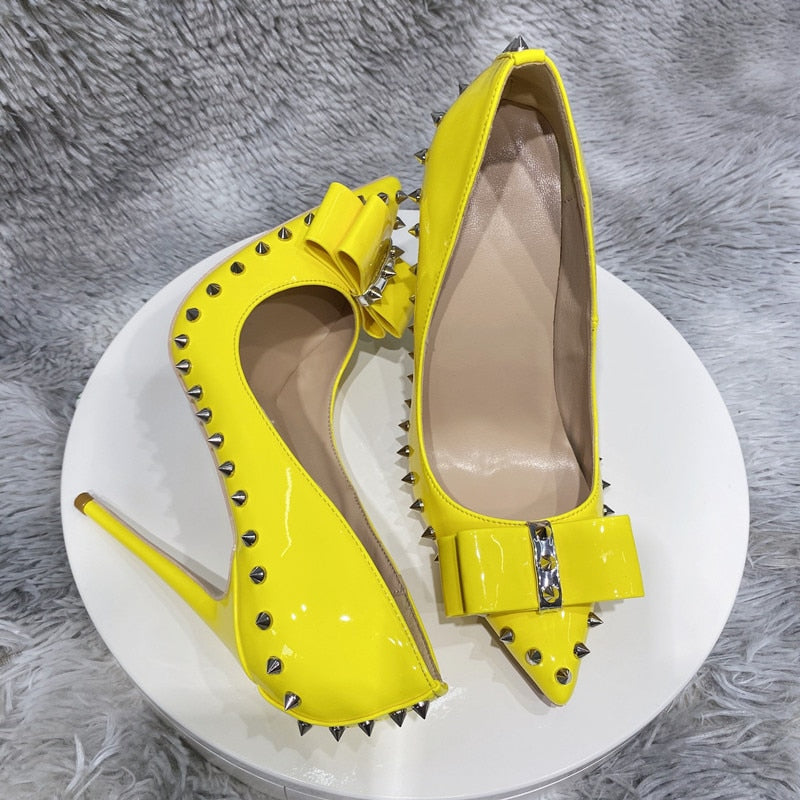 Heelgoo Spikes Bow Women Glossy Yellow Pointy Toe High Heel Shoes Plus Size 33-46 Sexy Party Stiletto Pumps Color Customizable