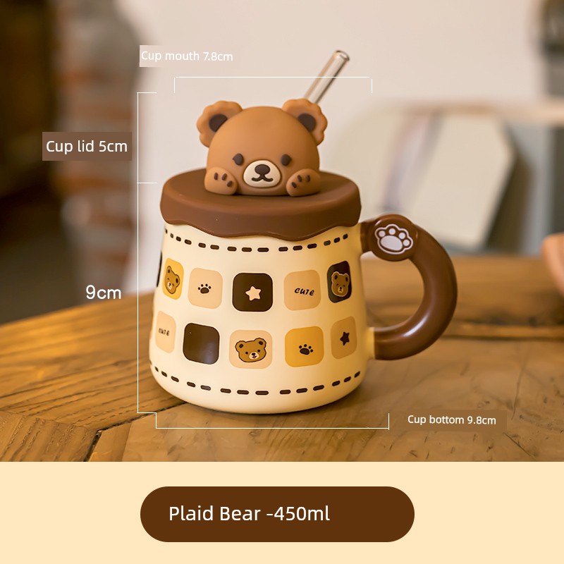 Cute Ceramic Cup Couple with Lid Spoon Straw Mug Home Breakfast Coffee Cup Women Office Water Glass Men