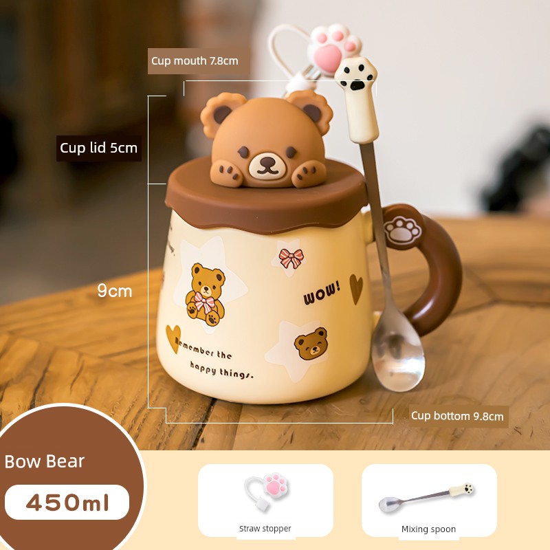 Cute Ceramic Cup Couple with Lid Spoon Straw Mug Home Breakfast Coffee Cup Women Office Water Glass Men