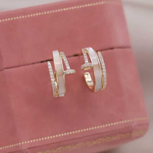 Korea new design fashion jewelry 14K gold plated C type multiple zircon shell earrings elegant women's daily work accessories