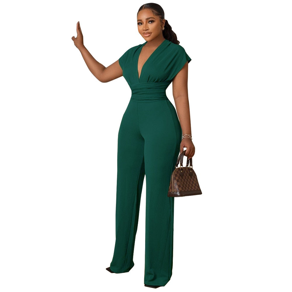 Summer Long Wide Leg Jumpsuit Women Fashion Office Lady V-neck Short Sleeved High Waist Jumpsuit Women
