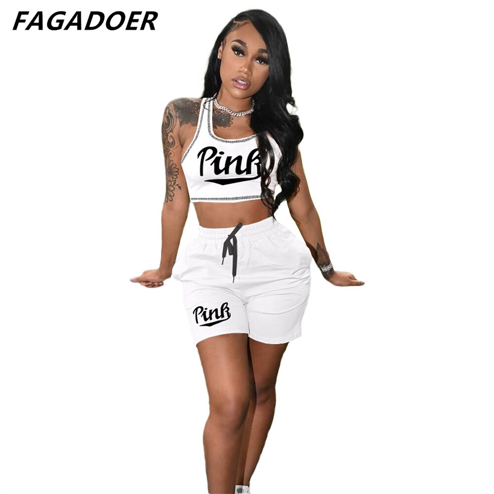 FAGADOER Summer Women Pink Letter Print Sleeveless Crop Top+Pencil Shorts Suit Two Piece Set Tracksuits Outfit Sporty Streetwear