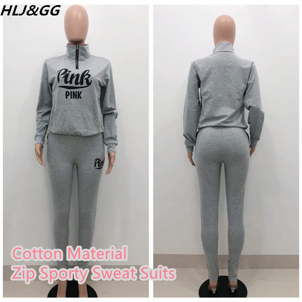 HLJ&amp;GG Winter Tracksuits Two Piece Sets Pink Letter Print Solid Casual Outfits Zip Sweatshirt + Pockets Pants Women Sweat Suits