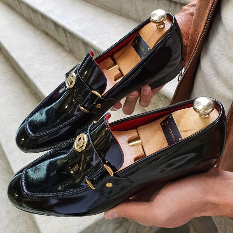 New Arrivals Loafers for Men Buckled Shiny Black Leather Shoes Slip-On Office &amp; Career  Dress Shoes Free Shipping Big Size 38-47