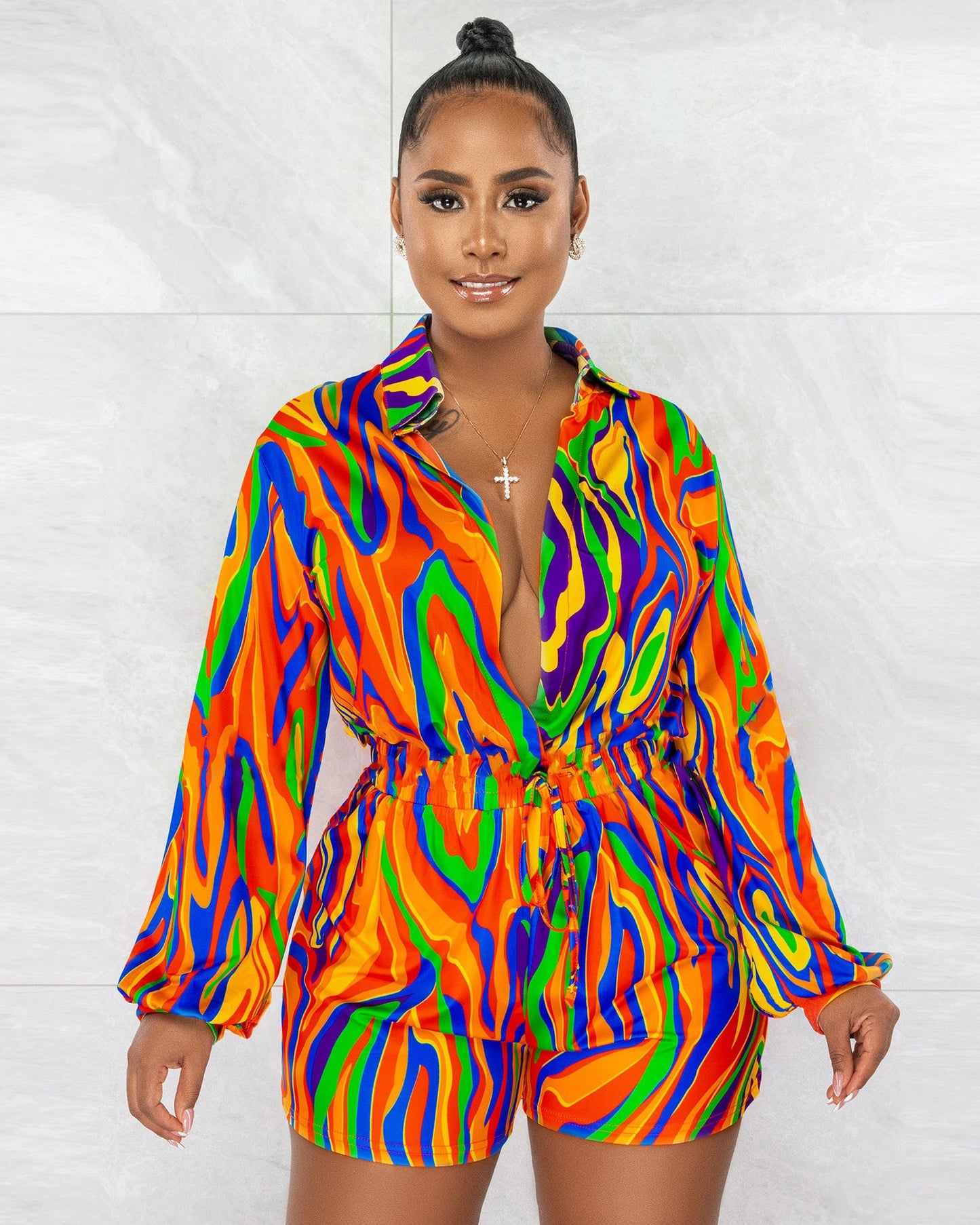 CM.YAYA Chic Women Tie Dye Black Hole Wrap Lapel Collar Long Sleeve Shirt Style Romper 2023 Spring INS One Piece Suit Playsuit