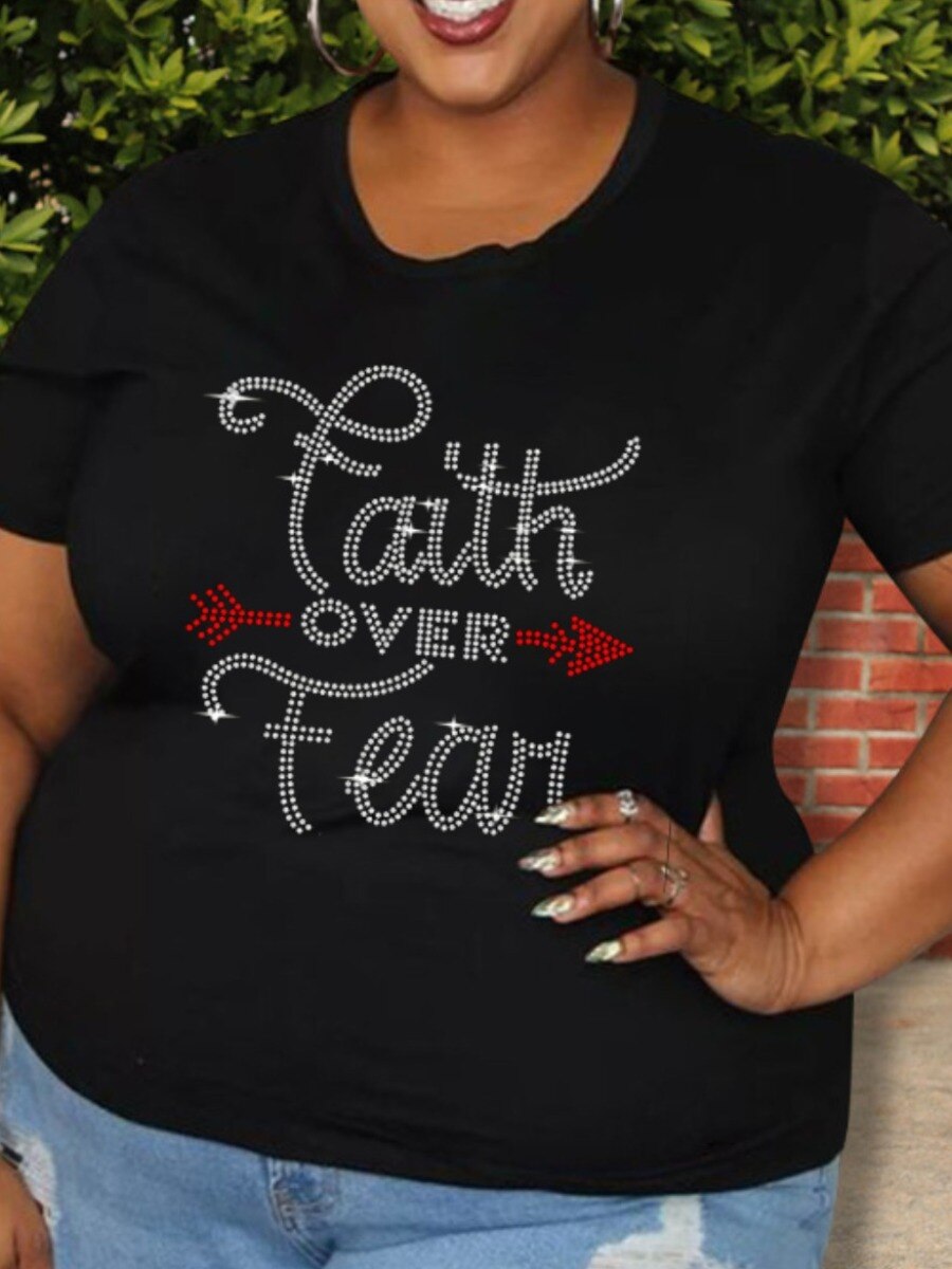LW Plus Size Rhinestone Faith Letter T-shirt Casual Daily O Neck Short Sleeve Regular Summer Women Clothings