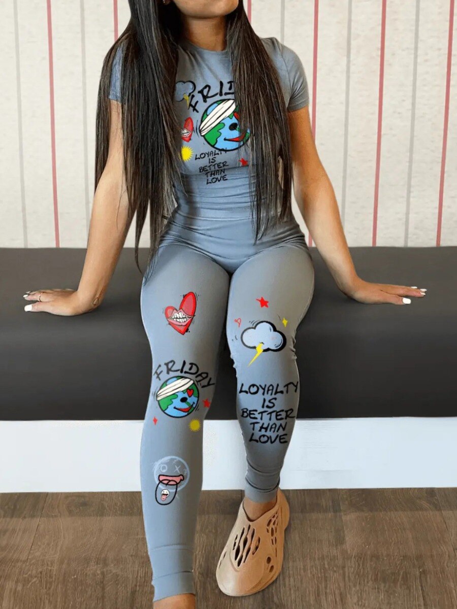 LW Cartoon Letter Heart PrintTwo Pieces Cress Neck Pullover Tee+Elastic Waist Trousers Summer Spring Matching Outfits Women 2PC