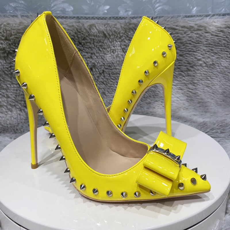 Heelgoo Spikes Bow Women Glossy Yellow Pointy Toe High Heel Shoes Plus Size 33-46 Sexy Party Stiletto Pumps Color Customizable