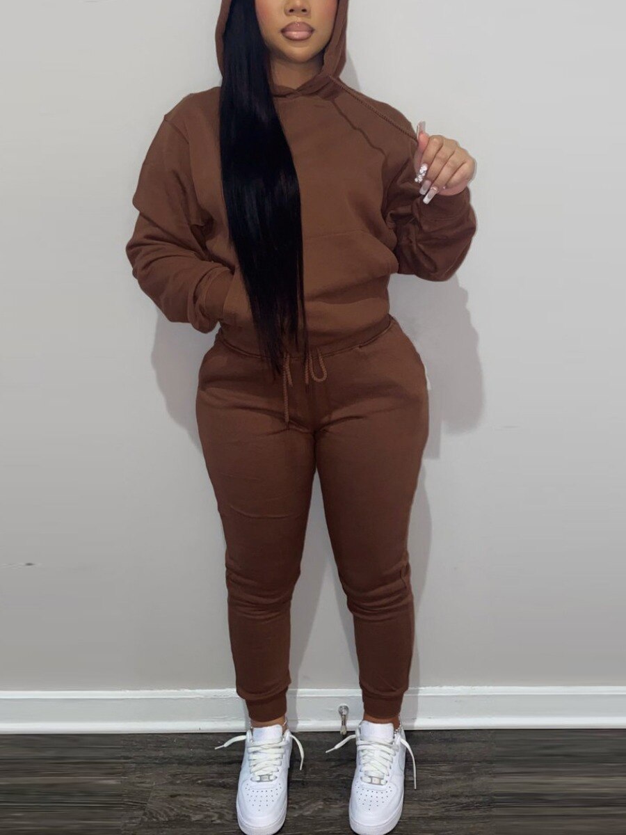 LW BASICS Hooded Collar Drawstring Tracksuit Set Two piece sets womens outifits Long Sleeve Lace-up Hooded Collar women sportswe