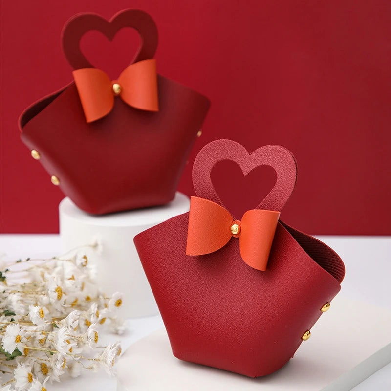 10/20PCS Leather Gift Bags Bow Ribbon Packaging Bag Wedding Favour Distributions Bags Christmas Candy Packaging Box Mini Handbag