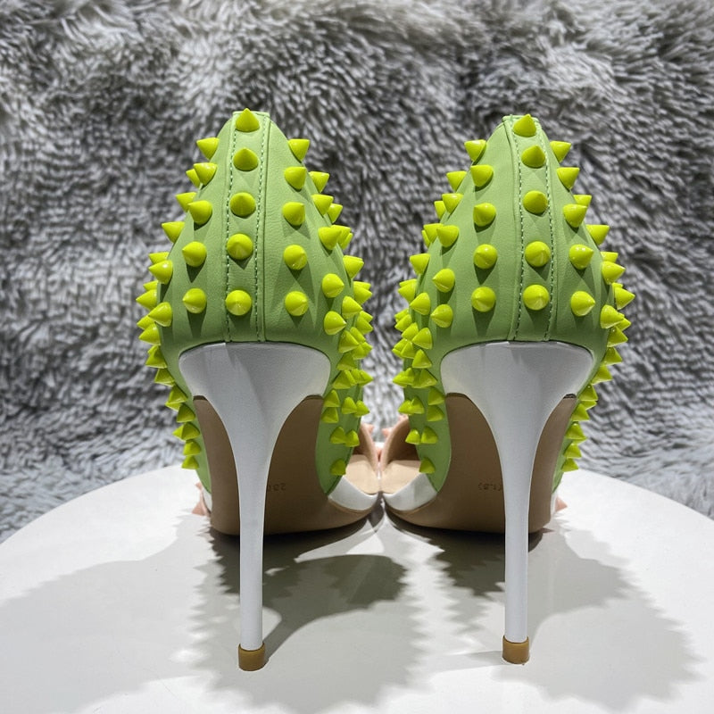 Heelgoo Green Pink Matte Patchwork Women Sexy Side Cut D'Orsay Pointy Toe High Heel Shoes with Spikes Sexy Studs Stiletto Pumps