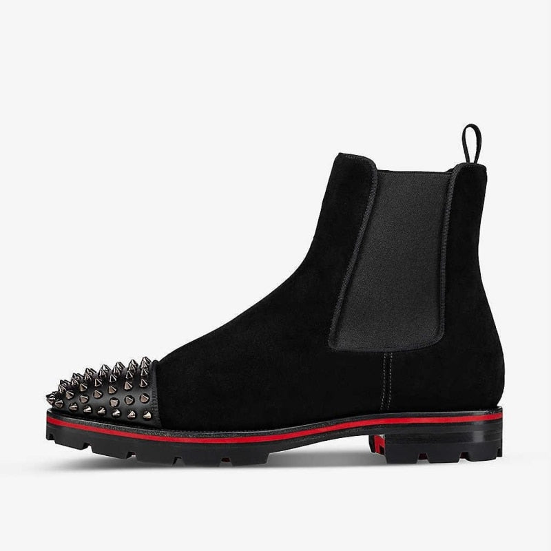 New Black Men Chelsea Boots Flock Rivet Square Toe Red Sole Punk Handmade Men Short Boots Free Shipping Bottes Pour Hommes