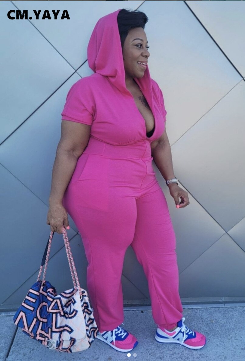CM.YAYA Women Plus Size Jumpsuit Solid Hooded Zipper Strechy Jumpsuits with Pockets Casual One Piece Overall Summer Outfit