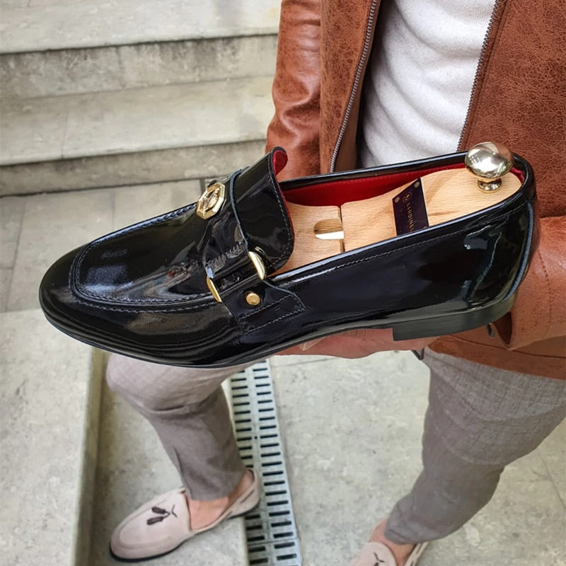 New Arrivals Loafers for Men Buckled Shiny Black Leather Shoes Slip-On Office &amp; Career  Dress Shoes Free Shipping Big Size 38-47
